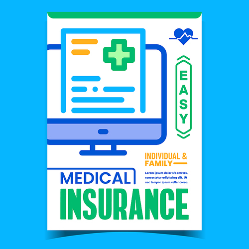 Medical Insurance Creative Advertise Banner Vector. Individual And Family Electronic Medical Insurance Document On Computer Screen Promotional Poster. Concept Template Style Color Illustration