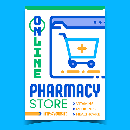 Online Pharmacy Store Advertising Poster Vector. Vitamins, Medicines And Healthcare Pills Internet Pharmacy Shop Promotional Banner. Drugstore Web Site Concept Template Style Color Illustration