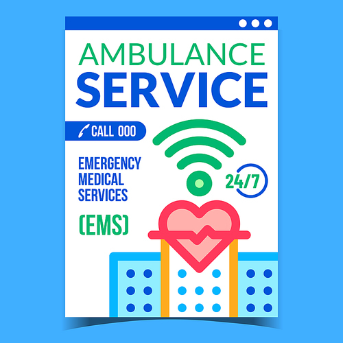 Ambulance Service Creative Promotion Banner Vector. Wifi Internet Connection, Cardio Examining Emergency Medical Service Advertising Poster. Concept Template Style Color Illustration