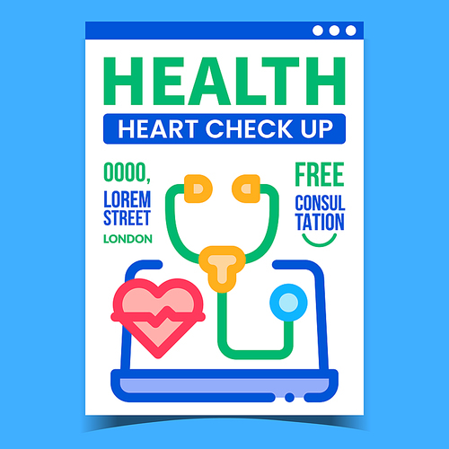 Health Heart Check Up Promotional Banner Vector. Health Online Consultation And Organ Examination Advertising Poster. Internet Medicine Healthcare Concept Template Style Color Illustration