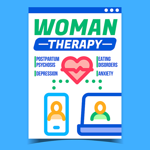 Woman Therapy Creative Promotional Poster Vector. Postpartum Psychosis And Depression, Eating Disorders And Anxiety Woman Disease Advertising Banner. Concept Template Style Color Illustration