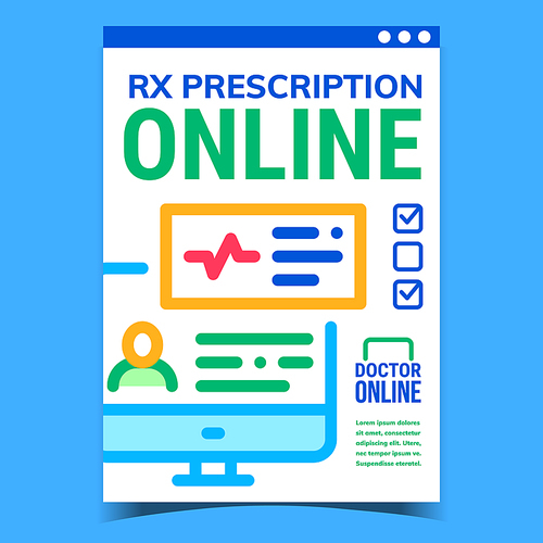 Online Rx Prescription Promotional Poster Vector. Doctor Online Consultation And Treatment Advertising Banner. Internet Communication With Doc Concept Template Style Color Illustration