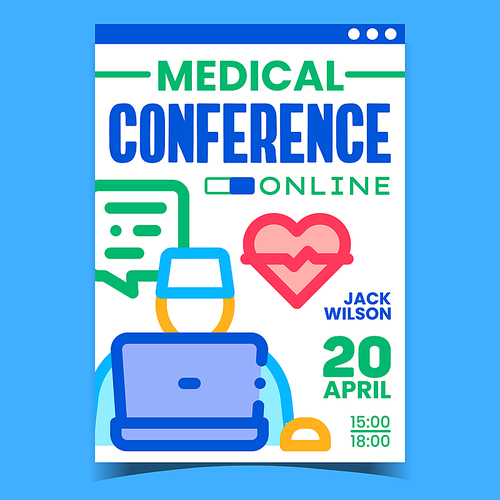 Online Medical Conference Promotion Banner Vector. Doctor Medicine Remote Conference Advertising Poster. Medical Worker Internet Meeting With Colleagues Concept Template Style Color Illustration