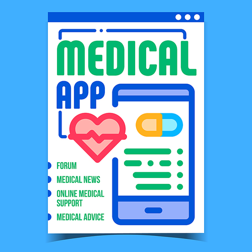 Medical App Creative Promotional Poster Vector. Smartphone Medical Application For Monitoring Health And Taking Medicaments Advertising Banner. Concept Template Style Color Illustration
