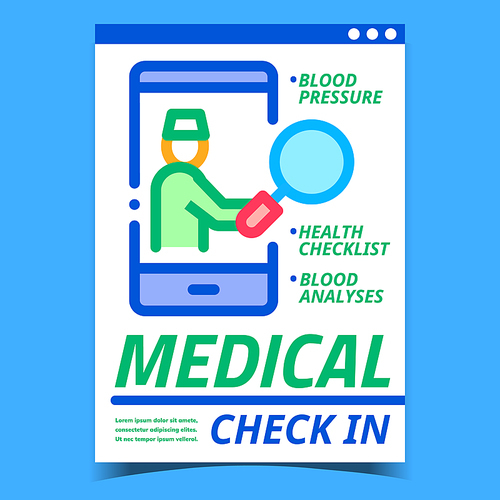 Medical Check In Creative Promotion Banner Vector. Health Checklist, Medicine Blood Pressure And Analyses Check In Advertising Poster. Doctor Diagnose Concept Template Style Color Illustration