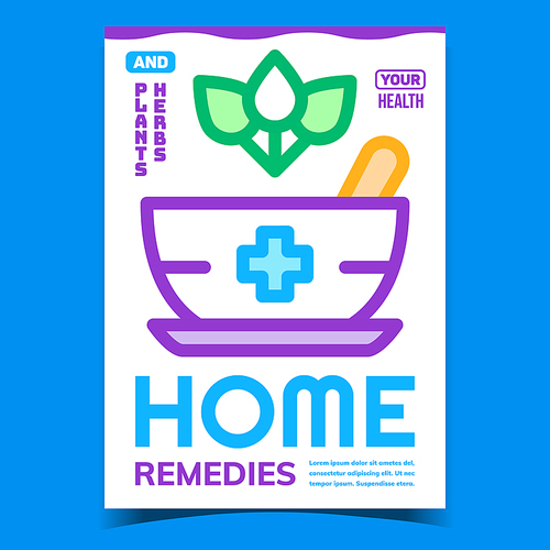 Home Remedies Creative Promotional Poster Vector. Plants And Herbs Green Leaves And Mortar Pestle Tool Advertising Banner. Natural Pharmacy Concept Template Style Color Illustration