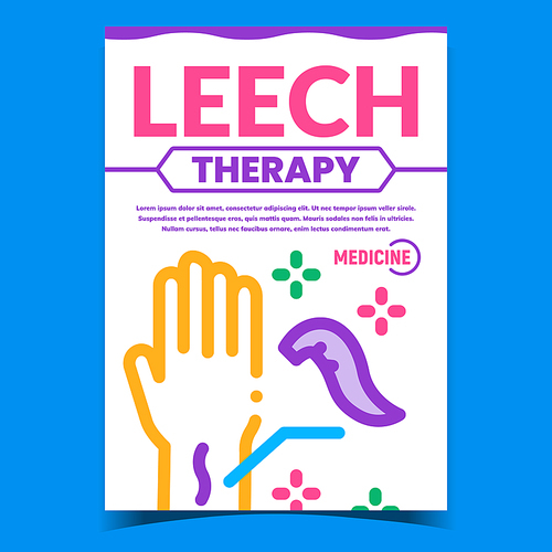 Leech Therapy Creative Promotion Banner Vector. Leech On Patient Hand Advertising Poster. Blood Sucking Parasitic Animal Alternative Medicine Concept Template Style Color Illustration