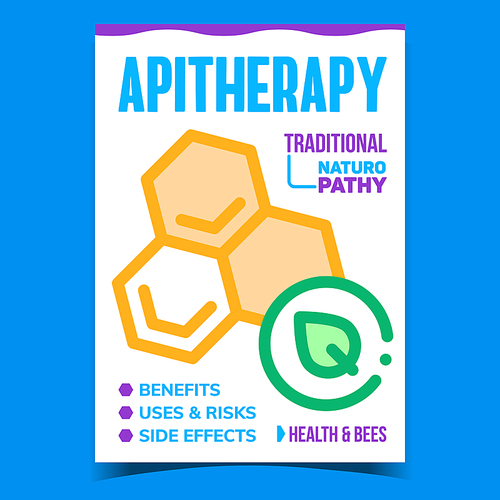 Apitherapy Creative Promotional Poster Vector. Apitherapy Traditional Naturopathy, Honeycomb And Leaf On Advertising Banner. Health And Bees Concept Template Style Color Illustration