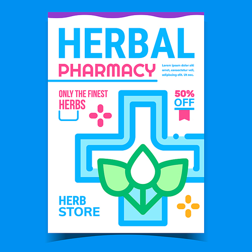 Herbal Pharmacy Creative Promotion Banner Vector. Pharmacy Cross And Leaves Branch, Herb Store Advertising Poster. Natural Ingredient Medical Treatment Concept Template Style Color Illustration