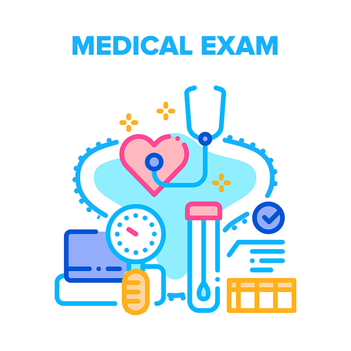 Medical Exam Vector Icon Concept. Patient Medical Exam Heart Health And Rhythm With Stethoscope And Pressure Measuring Medicine Equipment, Analysis Laboratory Research Color Illustration