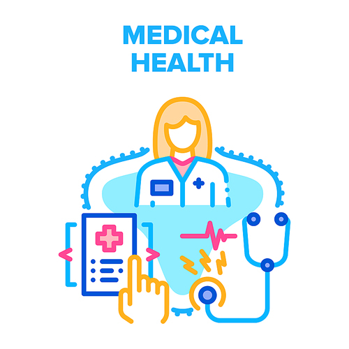 Medical Health Vector Icon Concept. Medical Health Examination With Stethoscope Doctor Professional Equipment, Medicine Worker Checking Patient Insurance And Document Color Illustration