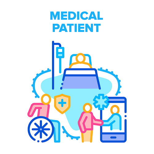 Medical Patient Vector Icon Concept. Invalid Disabled Human Riding Wheelchair, Patient Lying On Hospital Bed And Treatment Disease. Online Communication And Examination With Doctor Color Illustration