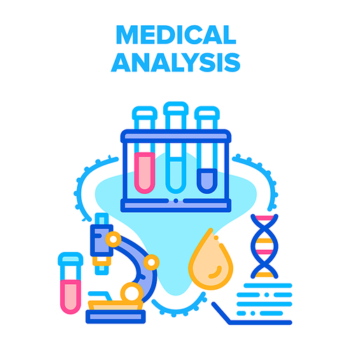 Medical Analysis Vector Icon Concept. Laboratory Flasks And Microscope For Researching And Testing Analysis And Dna Molecule. Lab Equipment And Ware For Testing And Analyzing Color Illustration