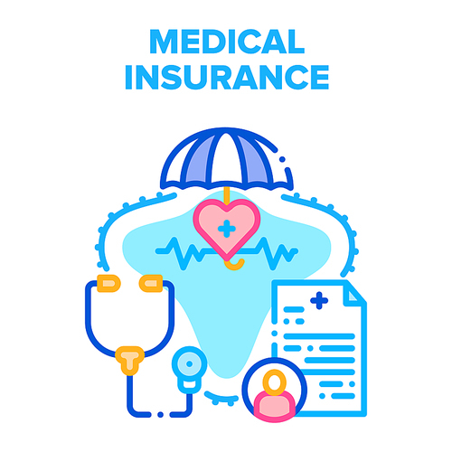 Medical Health Insurance Vector Icon Concept. Medical Insurance Patient Document For Medicine Examination And Disease Treatment. Form Paperwork, Stethoscope Doctor Tool Color Illustration