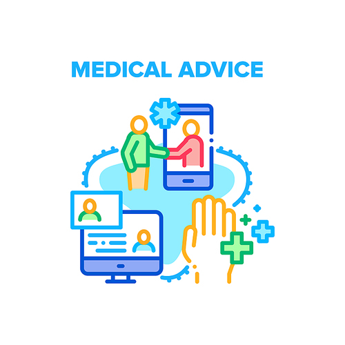 Medical Advice Vector Icon Concept. Medical Advice Examining And Consultation Patient Online, Expert Advisor Helping Illness People Phone And Computer Application Color Illustration