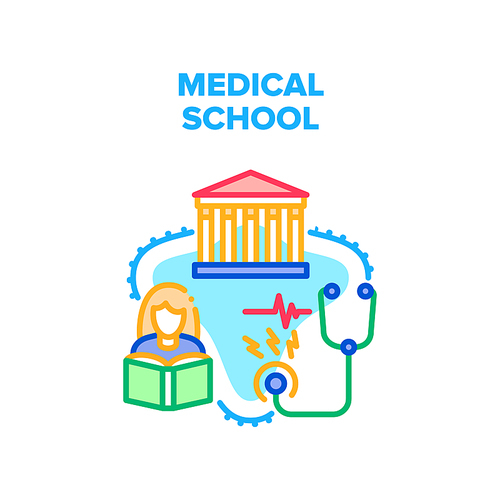 Medical School Vector Icon Concept. Medical School Building For Prepare Doctors And Nurses, Woman Student Education Research Heart Beat With Stethoscope And Reading Medicine Book Color Illustration