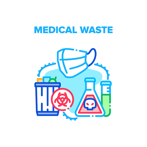 Medical Waste Vector Icon Concept. Used Infectious Masks And Medicine Laboratory Analysis In Trash Bin Container, Separating Infected Medical Waste. Clinic Biological Garbage Color Illustration