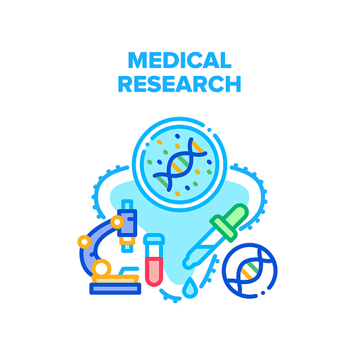 Medical Research Vector Icon Concept. Medical Research Molecular Laboratory Analysis And Examination Blood Or Dna. Microscope Lab Equipment For Research. Biotechnology Color Illustration