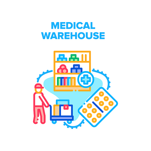 Medical Warehouse Storage Vector Icon Concept. Medical Warehouse Storaging Shelves And Worker Transportation And Carrying Medicaments On Cart. Medicine Drugs Package Color Illustration