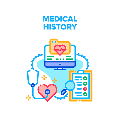 Medical History Vector Icon Concept. Patient Medical History, Examination And Treatment Disease, Medicine Card Researchment And Storaging On Computer. Hospital Archive Technology Color Illustration