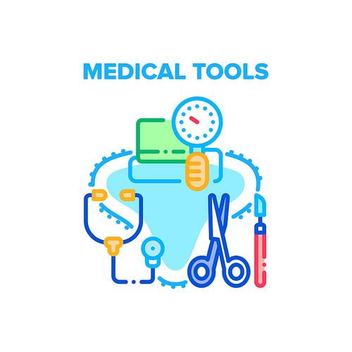 Medical Tools Vector Icon Concept. Stethoscope And Pressure Measuring Equipment, Scissors And Scalpel Surgery Medical Tools. Doctor Technology For Examination And Treatment Patient Color Illustration