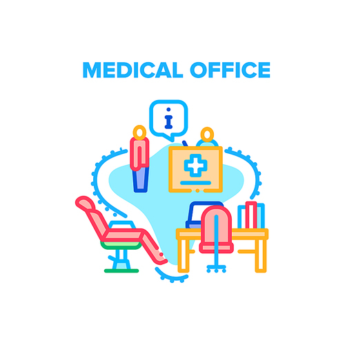 Medical Office Vector Icon Concept. Medical Office For Examination And Treatment Illness Patient, Stomatology And Gynecology Chair, Reception And Doctor Workplace Table Color Illustration