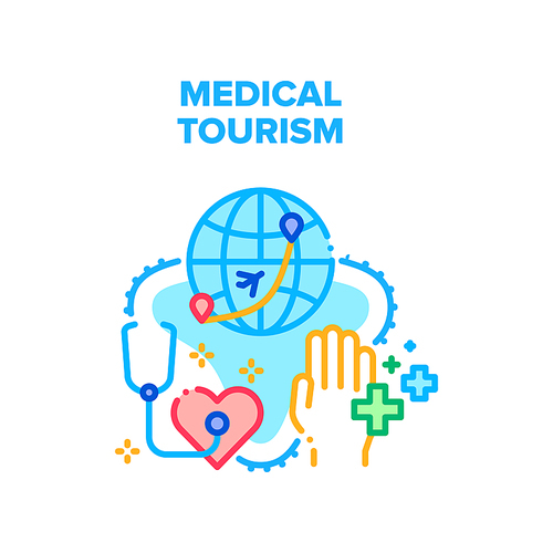 Medical Tourism Vector Icon Concept. International Medical Tourism And Insurance For Health Care For Visit Country On Vacation. Medicine Service Transportation Illness Patient Color Illustration