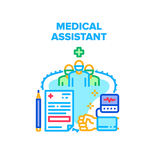 Medical Assistant Help Vector Icon Concept. Medical Assistant Examining And Checking Patient Blood Pressure With Medicine Equipment, Hospital Team Examination And Consultation Color Illustration