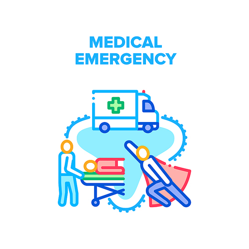 Medical Emergency Help Vector Icon Concept. Medical Emergency Doctor Fastness Help Illness Patient And Transportation By Ambulance Truck To Hospital. Heal And Treatment Disease Color Illustration