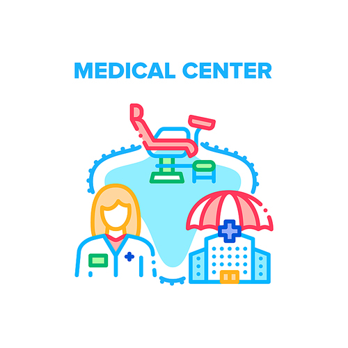 Medical Center Vector Icon Concept. Medical Center Building And Doctor Woman, Gynecological Chair In Hospital Cabinet. Medicine Service Clinic, Health Examination And Treatment Color Illustration