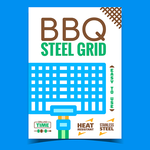 Bbq Steel Grid Creative Advertising Poster Vector. Barbeque Metallic Grid, Equipment For Fry Meat, Fish Or Vegetable Promotional Banner. Grilling Time Concept Layout Style Color Illustration