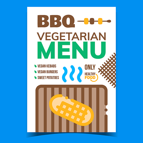 Bbq Vegetarian Menu Advertising Banner Vector. Vegan Kebab, Burgers And Sweet Potatoes, Vegetarian Healthy Food On Creative Promotional Poster. Concept Template Stylish Color Illustration