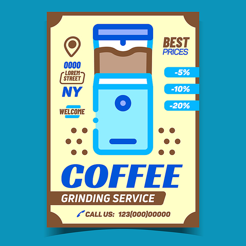 Coffee Grinding Service Advertising Poster Vector. Coffee Beam Grind Machine Electric Equipment On Creative Promotional Banner. Repair And Fixing Concept Template Style Color Illustration