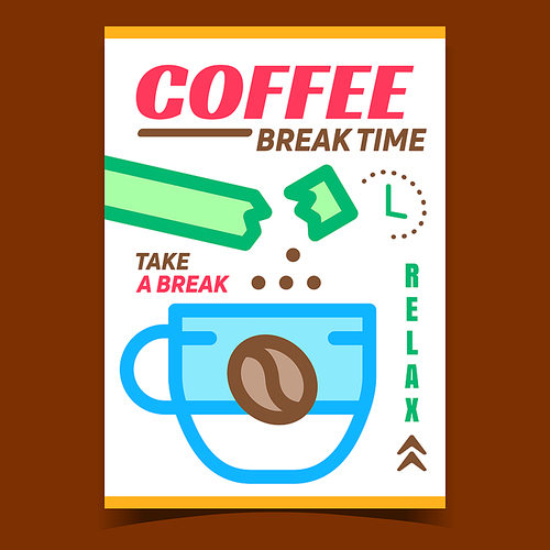 coffee brake time creative advertise banner vector. coffee falling from package bag in cup promotional poster.  aromatic energy beverage concept template style color illustration