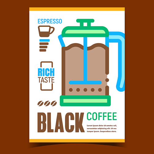 Black Coffee Creative Advertising Poster Vector. Coffee In Glass Pot, Rich Taste Espresso On Promotional Banner. Kitchen Ware Brewed Energy Beverage Concept Template Style Color Illustration