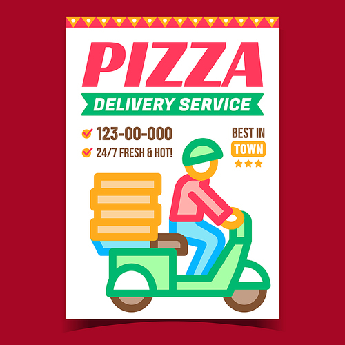 Pizza Delivery Service Promotion Banner Vector. Rider On Motorbike Delivering Pizza Restaurant Dish Order On Advertising Poster. Delicious Food Concept Template Style Color Illustration