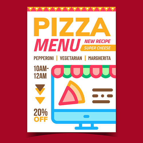 Pizza Menu Creative Promotional Banner Vector. Online Pizzeria Menu On Computer Display Advertising Poster. Pepperoni, Vegetarian And Margherita Meal With Cheese Concept Template Style Illustration