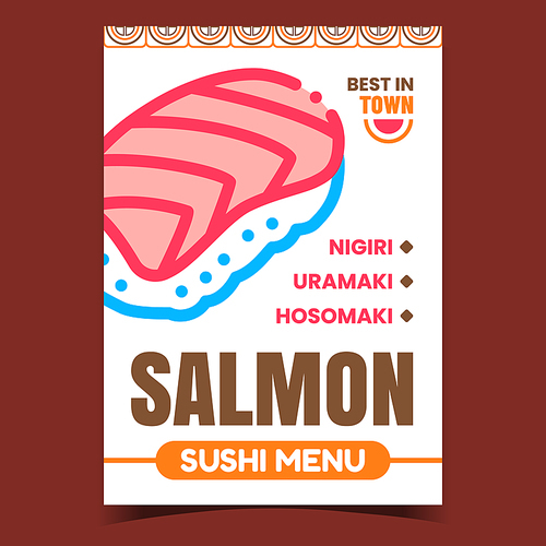 Salmon Sushi Menu Creative Promotion Banner Vector. Nigiri, Uramaki And Hosomaki Sushi Asian Fish Dish Advertising Poster. Restaurant Delicious Food Concept Template Style Color Illustration