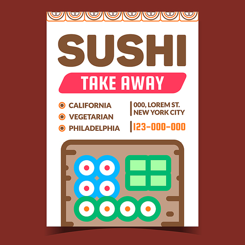 Sushi Take Away Creative Promotion Poster Vector. California, Vegetarian And Philadelphia Sushi Set, Restaurant Food Delivery Advertising Banner. Concept Template Style Color Illustration