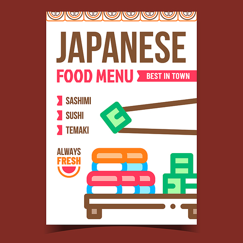 Japanese Food Menu Creative Promo Banner Vector. Sashimi, Sushi And Temaki Seafood Menu Advertising Poster. Sticks Holding Delicious Asian Meal Concept Template Style Color Illustration