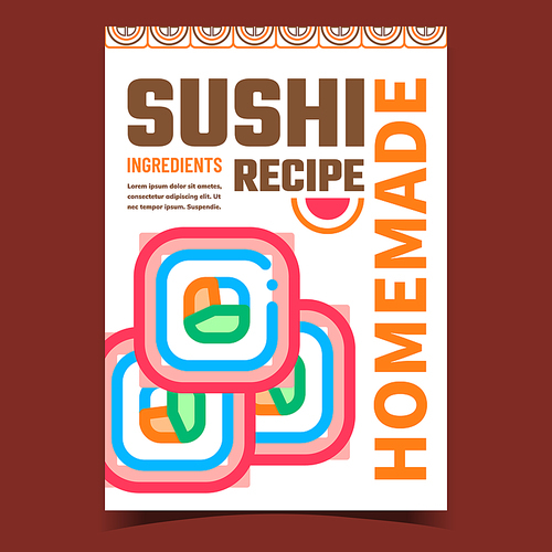 sushi homemade recipe promotional banner vector. home made recipe for cooking asian seafood advertising poster. roll with  and delicious ingredients concept template style color illustration