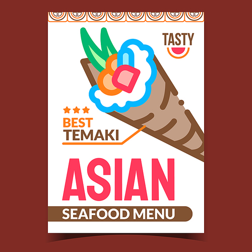 asian seafood menu creative promo poster vector. temaki seafood dish prepared with nori and , fish and vegetables on advertising banner. tasty food concept template style color illustration