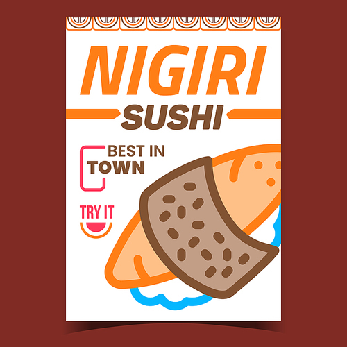 nigiri sushi creative promotional banner vector. sushi delicious food cooked , nori and fish advertise poster. restaurant delicacy weight loss lunch concept template style color illustration