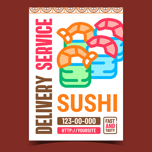 sushi delivery service promotion banner vector. food order delivering, cooked sushi with shrimp,  and nori advertising poster. restaurant meal concept template style color illustration