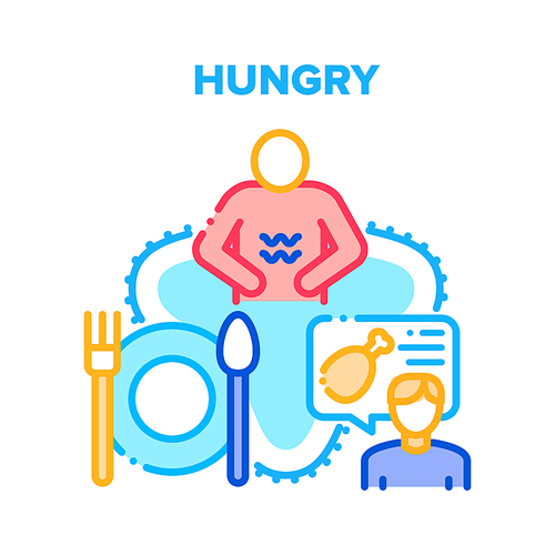 Hungry Human Vector Icon Concept. Hungry Man With Empty Stomach Think About Food, And Person Ordering Meal In Restaurant. Plate And Utensil For Eating Tasty Dish Color Illustration
