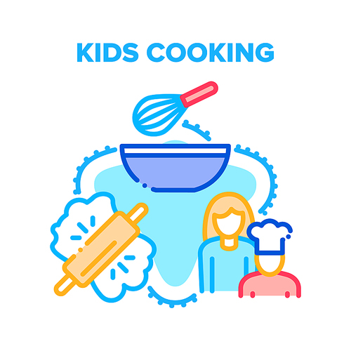 Kids Cooking Vector Icon Concept. Kids Cooking And Preparing Dough And Cream, Bake Cookies And Cake Dessert In Kitchen With Mother Woman. Cook Educational Lesson Color Illustration