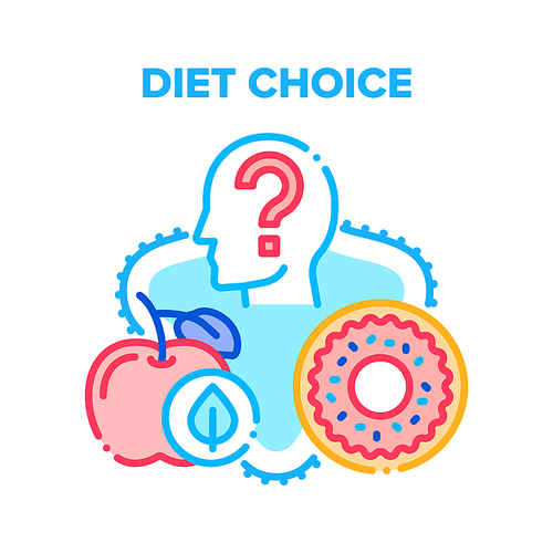 Diet Choice Vector Icon Concept. Diet Choice, Human Choosing Between Healthy And Unhealthy Food Natural Apple Fruit And Donut Sugary Dessert. Fastfood Vs Balanced Menu Comparison Color Illustration
