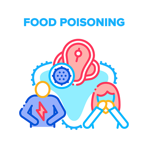 Food Poisoning Vector Icon Concept. Woman Nausea And Holding Hands On Mouth, Man Having Bad Aches Pain In Stomach, Eaten Spoiled Rotten Meat And Have Food Poisoning Color Illustration