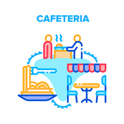 Cafeteria Food Vector Icon Concept. Client Eating Delicious Fresh Cooked Dish At Table On Chair Under Tent, Cafeteria Nutrition Menu And Service. Restaurant Furniture And Decoration Color Illustration