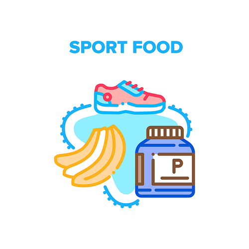 Sport Food Dish Vector Icon Concept. Banana And Supplement Bottle, Sport Food And Sportive Shoes For Training In Gym. Vitamin Nutrition And Clothes For Athletic Sportsman Color Illustration